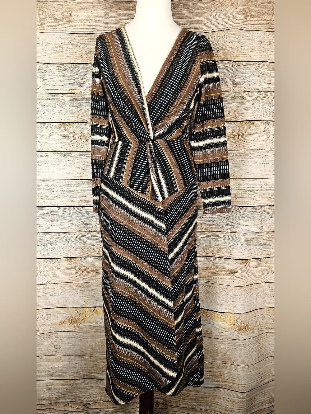 Maeve Anthropologie Brown Black Striped Knit Midi Dress Size Large